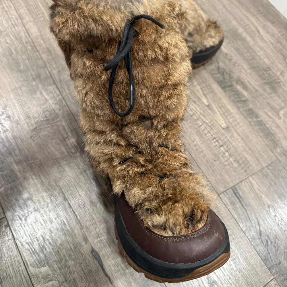 Ulu Womens Brown Leather Rabbit Fur Winter Snow Boots Size 8.5